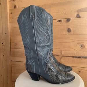 VTG Acme Women's Cowboy‎ Western Boots 8N Snake 70s Grey Blue Stitch *Wear*